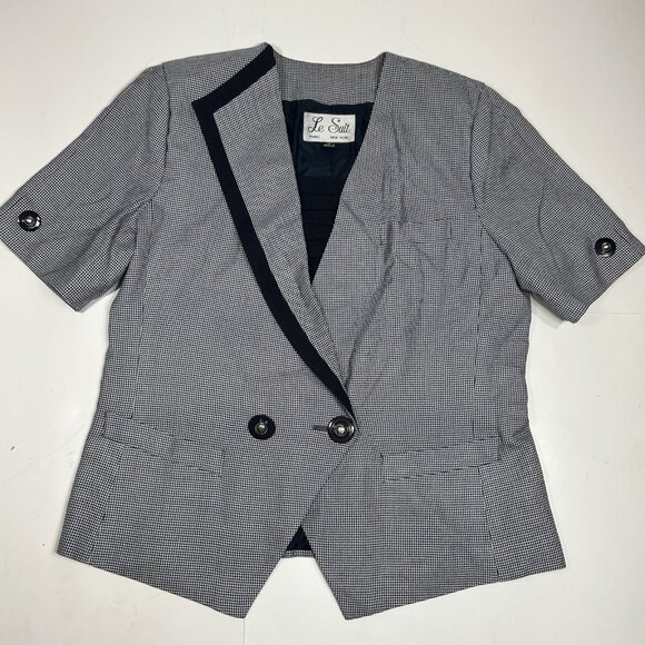 Vtg Le Suit Women 2pc Skirt Suit Short Sleeve Blue Houndstooth Lined 2 Button 14 - Picture 3 of 10